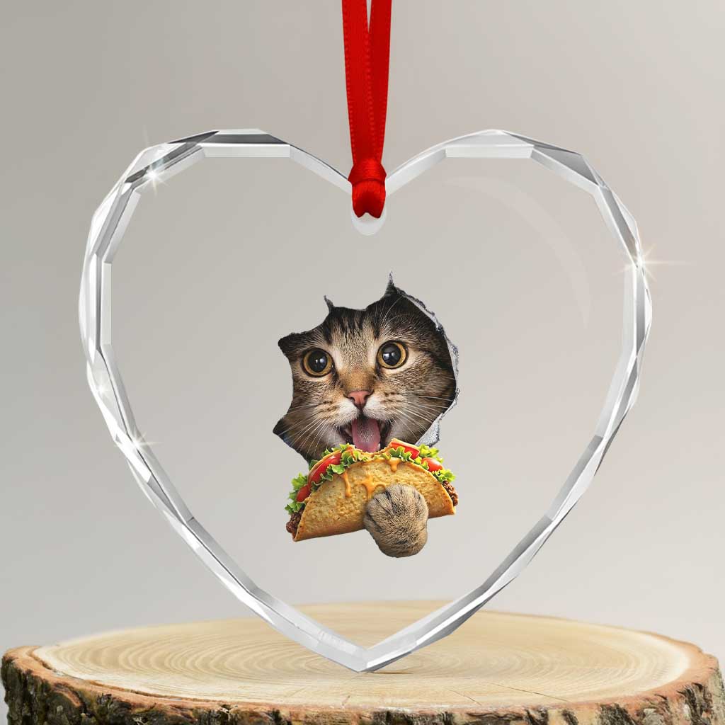Funny Cat Eating Taco Heart Crystal Glass Ornament Mexican Food Lover Gift TS12 Transparent Glass 3'' Heart Print Your Wear
