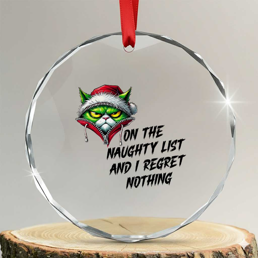 Funny Cat Green Christmas Crystal Glass Ornament On The Naughty List And I Regret Nothing TS14 Transparent Glass 3'' Circle Print Your Wear