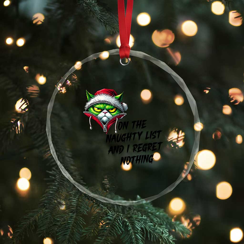 Funny Cat Green Christmas Crystal Glass Ornament On The Naughty List And I Regret Nothing TS14 Print Your Wear