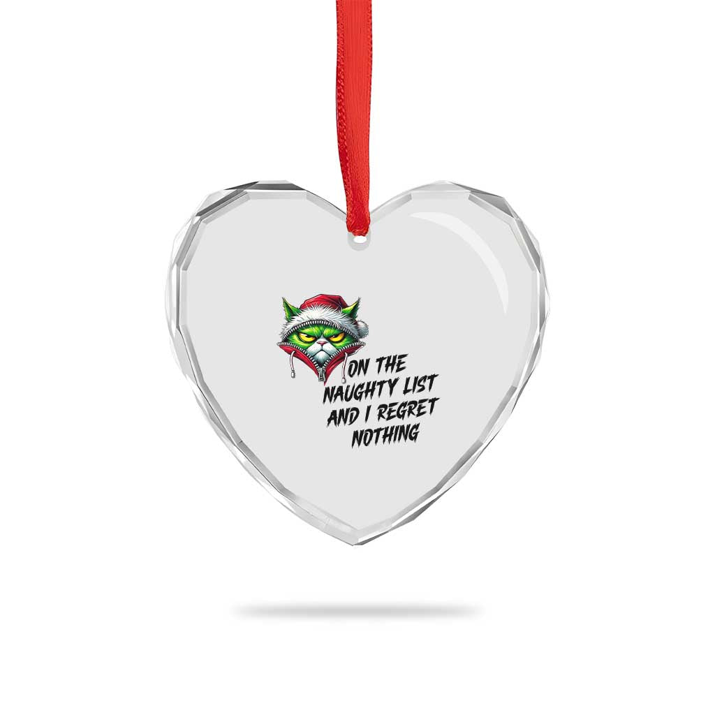 Funny Cat Green Christmas Heart Crystal Glass Ornament On The Naughty List And I Regret Nothing TS14 Print Your Wear