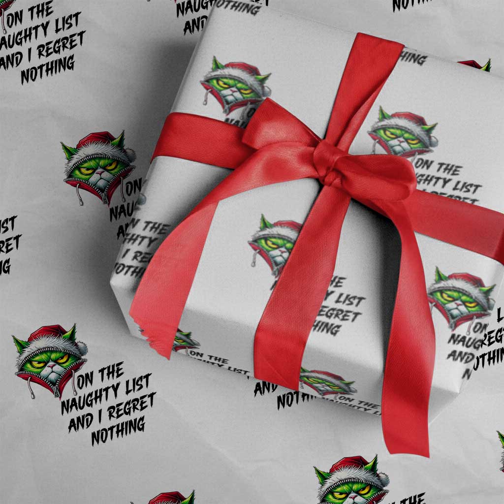 Funny Cat Green Christmas Wrapping Paper Roll On The Naughty List And I Regret Nothing TS14 White Print Your Wear