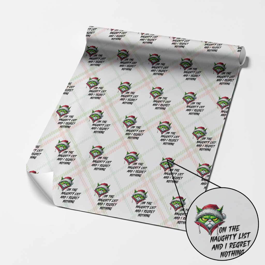 Funny Cat Green Christmas Wrapping Paper Roll On The Naughty List And I Regret Nothing TS14 Christmas Plaid Print Your Wear