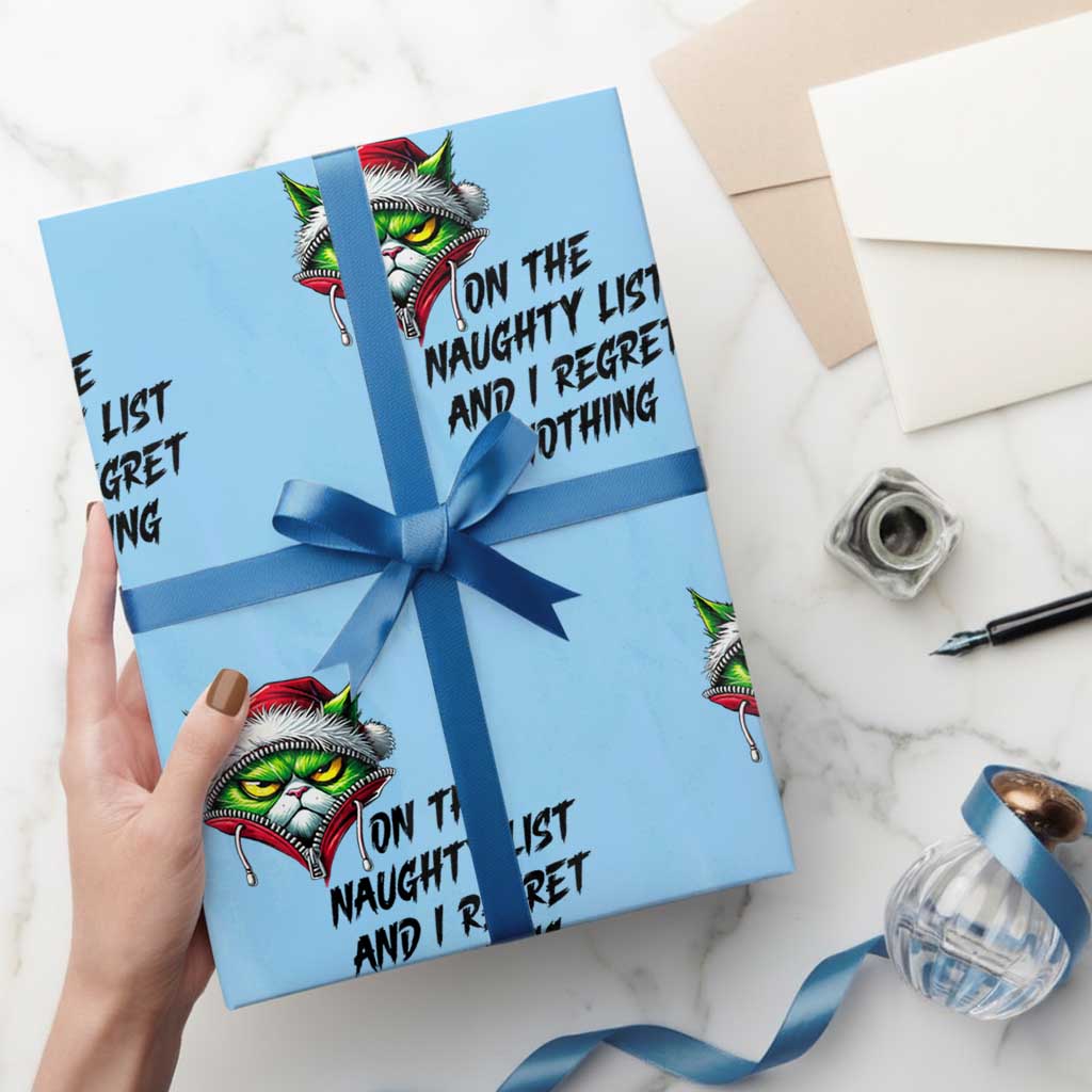 Funny Cat Green Christmas Wrapping Paper Roll On The Naughty List And I Regret Nothing TS14 Light Blue Print Your Wear