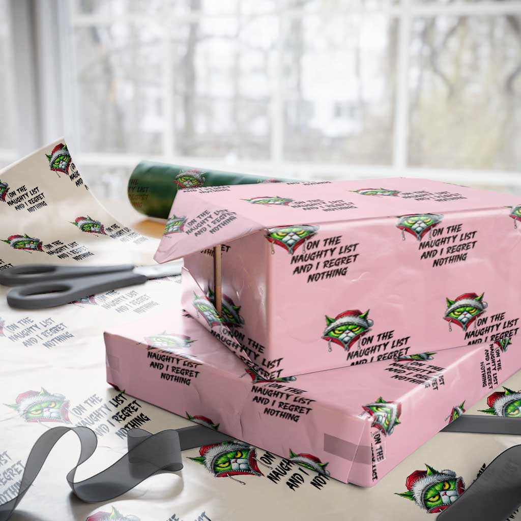 Funny Cat Green Christmas Wrapping Paper Roll On The Naughty List And I Regret Nothing TS14 Light Pink Print Your Wear