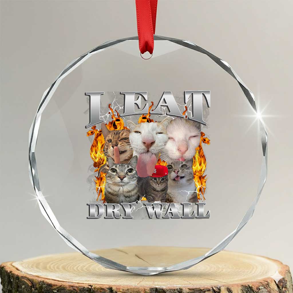 Funny Cat Meme Bootleg Graphic Crystal Glass Ornament I Eat Drywall Funny Weird Cursed Internet Memes TS10 Transparent Glass 3'' Circle Print Your Wear