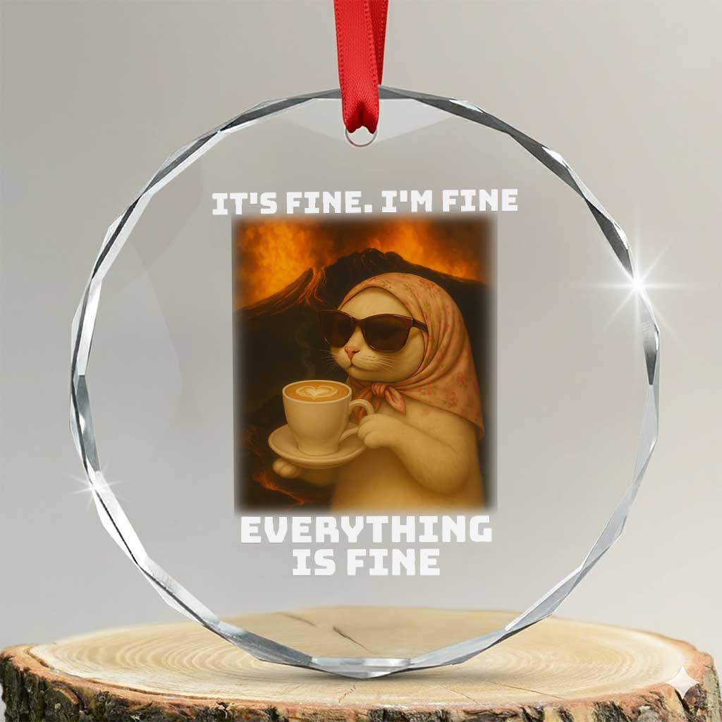 Funny Cat Meme Crystal Glass Ornament It Is Fine I Am Fine Every Thing Is Fine TS14 Transparent Glass 3'' Circle Print Your Wear