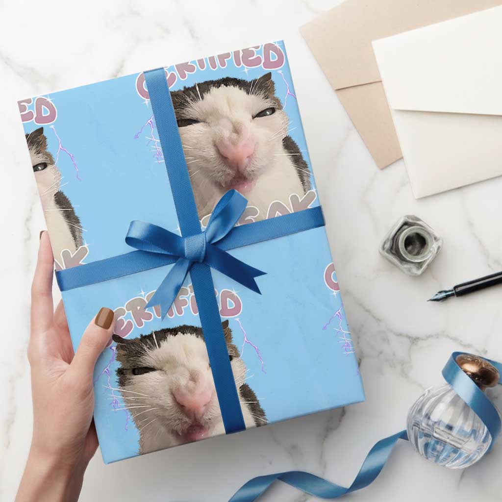 Funny Cat Meme Wrapping Paper Roll Certified Freak Eat Cement Cursed Cat TS02 Light Blue Print Your Wear