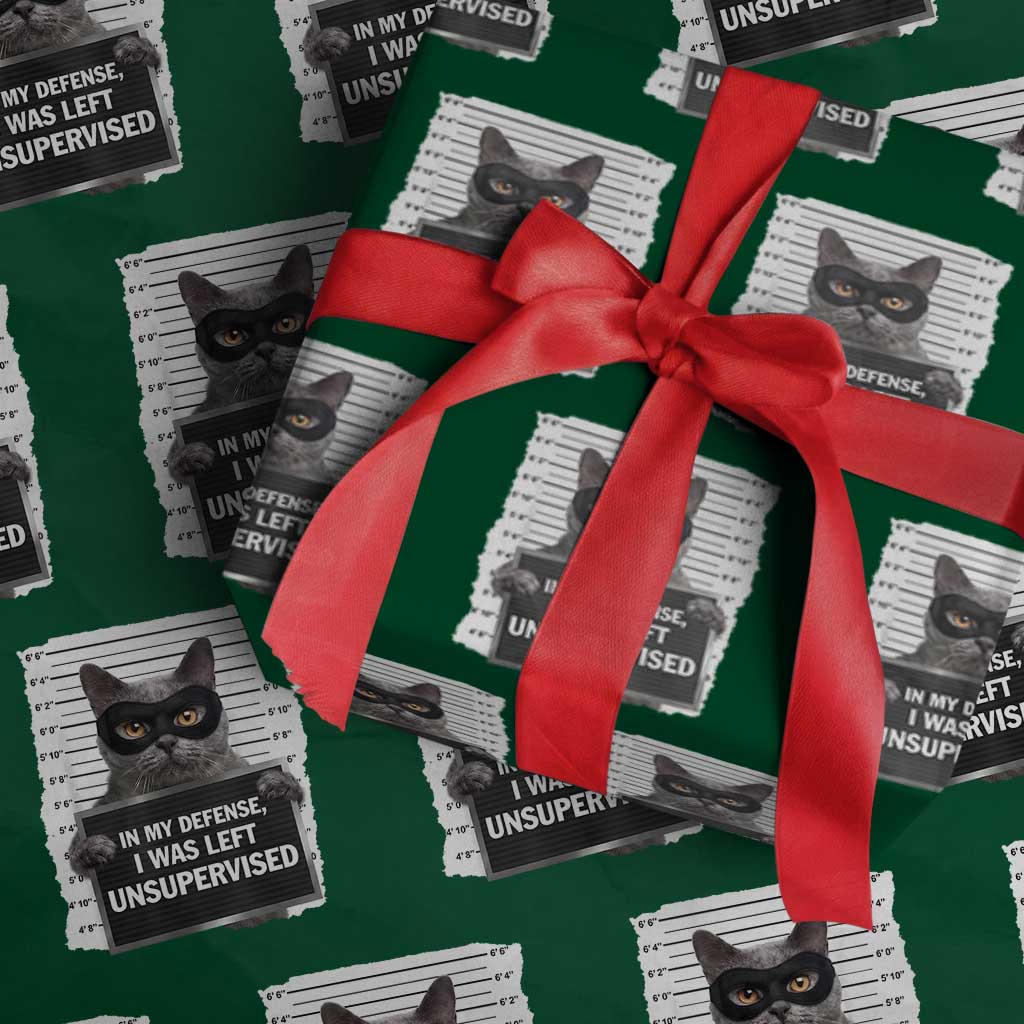 Funny Cat Mugshot Wrapping Paper Roll In My Defense I Was Left Unsupervised TS12 Green Print Your Wear