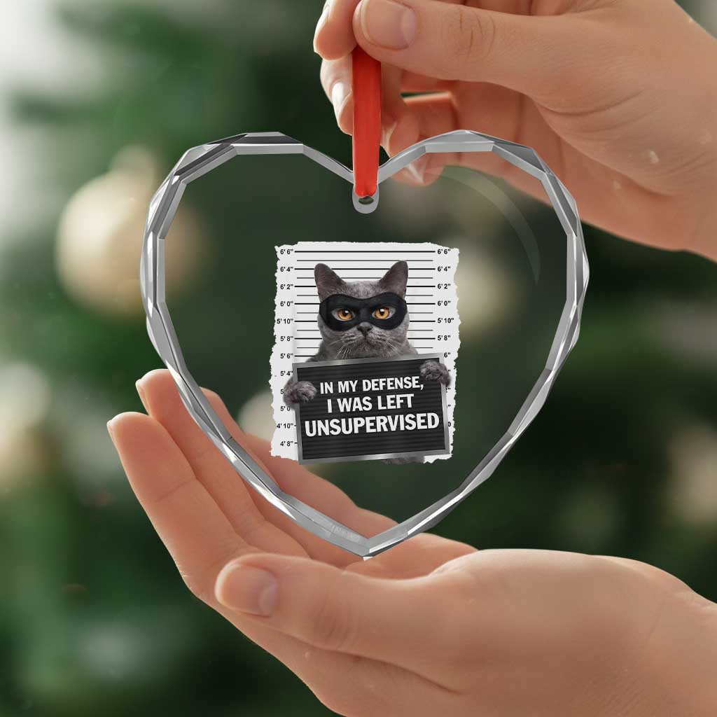 Funny Cat Mugshot Heart Crystal Glass Ornament In My Defense I Was Left Unsupervised TS12 Print Your Wear