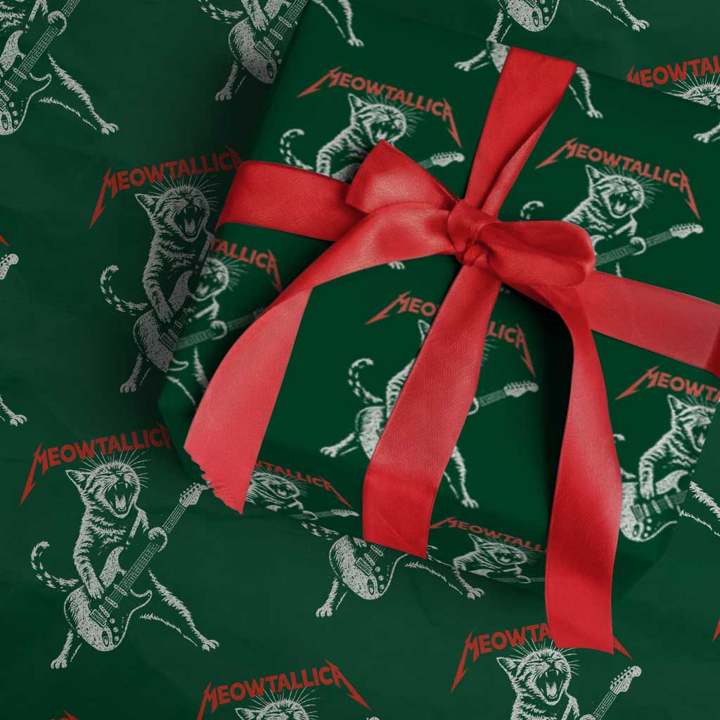 Funny Cat Playing Guitar Wrapping Paper Roll Vintage 90s Classic Rock Star Cat Graphic Rock and Roll TS10 Green Print Your Wear