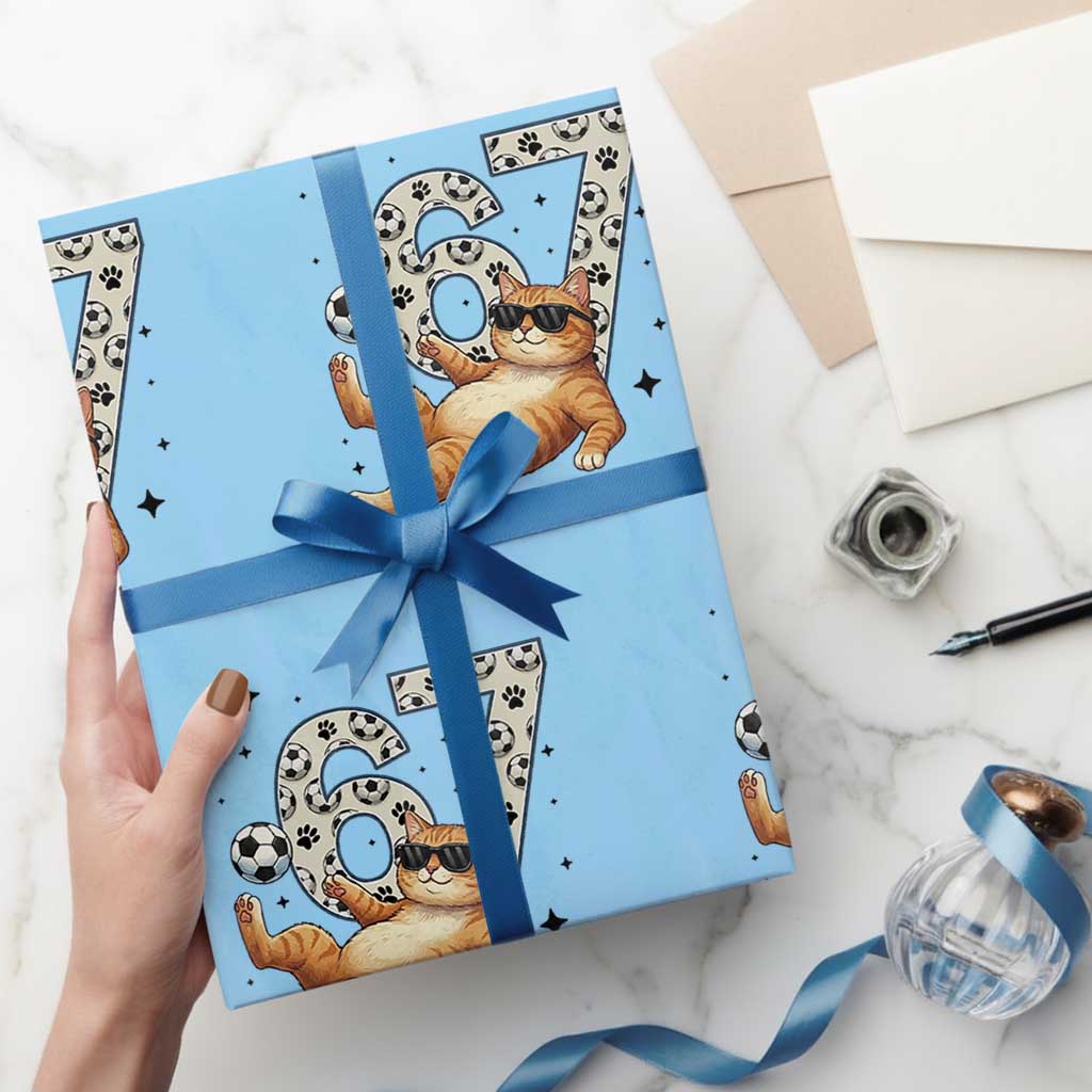 Funny Cat Playing Soccer Wrapping Paper Roll Six Seven Meme TS12 Light Blue Print Your Wear