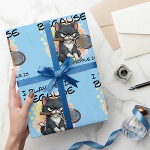 Funny Cat Plays Tennis Wrapping Paper Roll Because Punching People Is Against The Law TS12 Light Blue Print Your Wear
