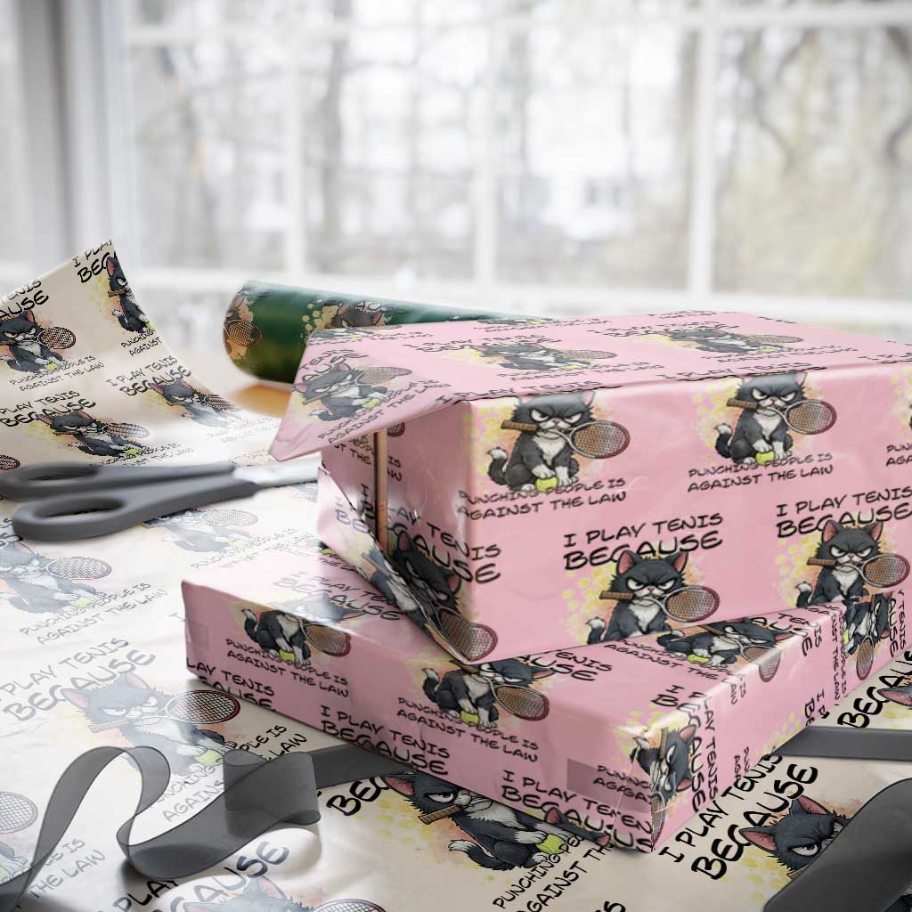 Funny Cat Plays Tennis Wrapping Paper Roll Because Punching People Is Against The Law TS12 Light Pink Print Your Wear