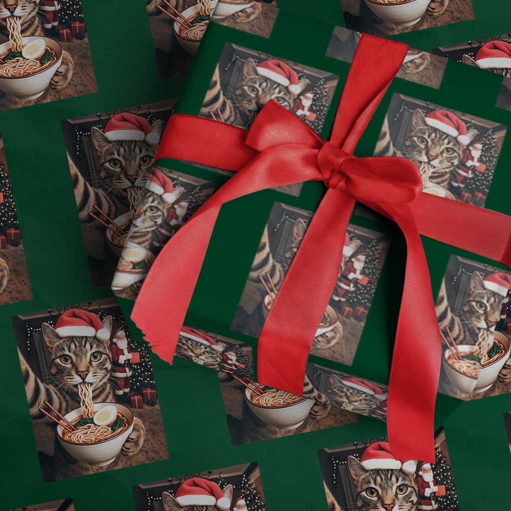 Funny Cat Ramen Selfie With Santa Christmas Wrapping Paper Roll TS14 Green Print Your Wear