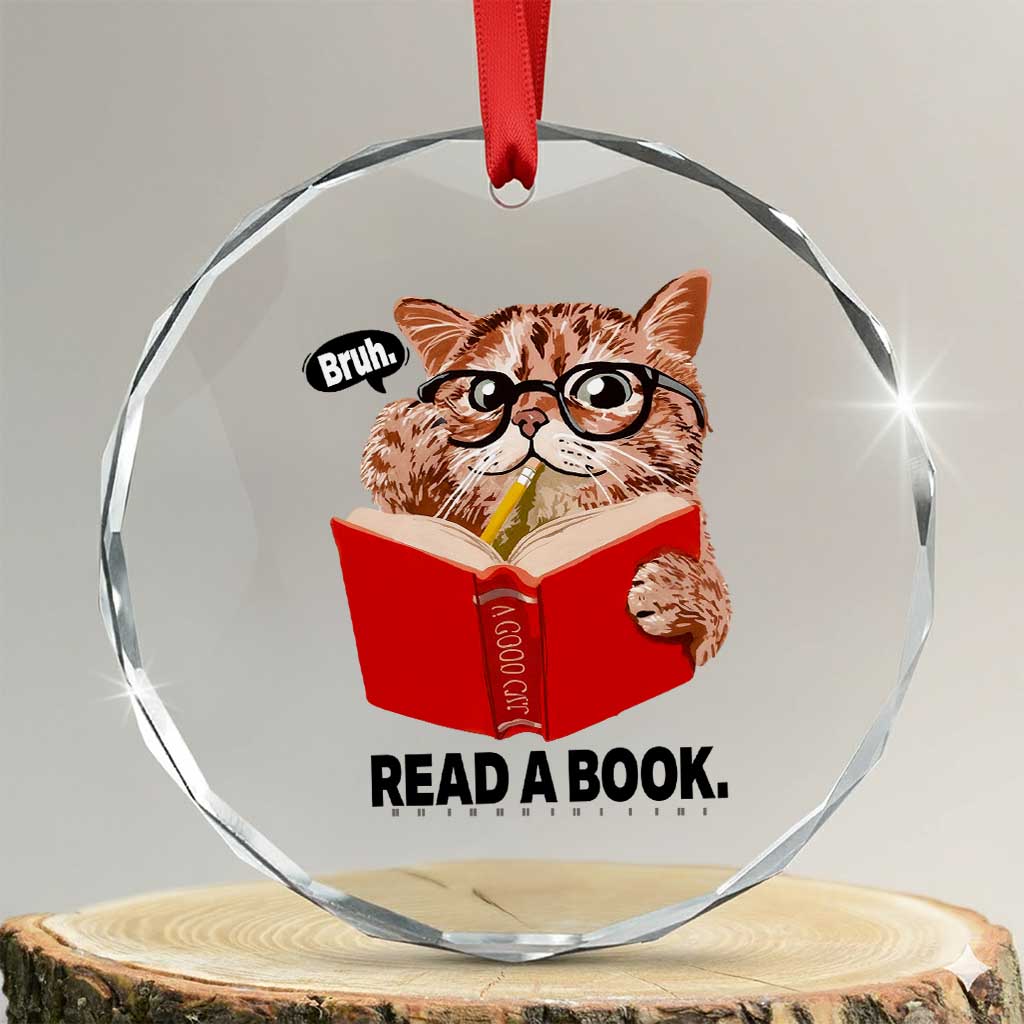 Funny Cat Reading Crystal Glass Ornament Book Lover TS14 Transparent Glass 3'' Circle Print Your Wear