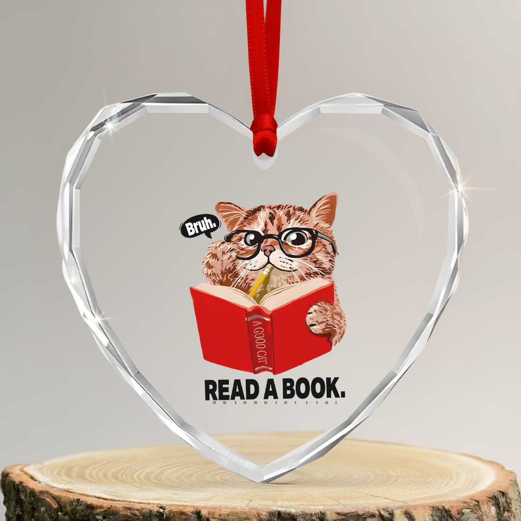 Funny Cat Reading Heart Crystal Glass Ornament Book Lover TS14 Transparent Glass 3'' Heart Print Your Wear