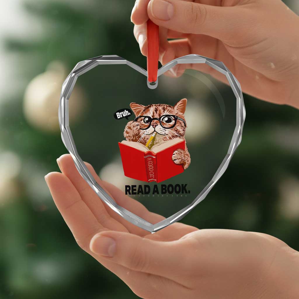 Funny Cat Reading Heart Crystal Glass Ornament Book Lover TS14 Print Your Wear