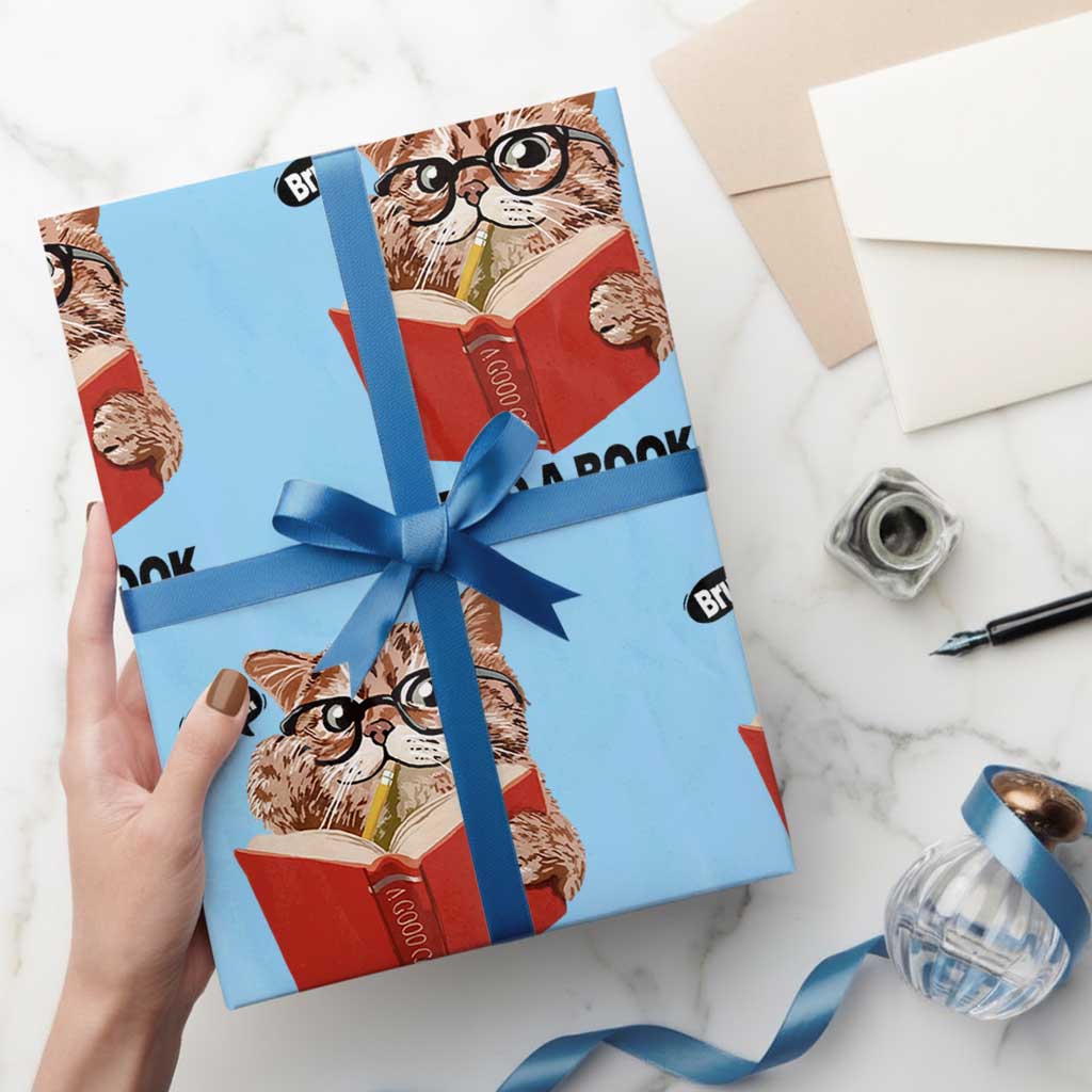 Funny Cat Reading Wrapping Paper Roll Book Lover TS14 Light Blue Print Your Wear