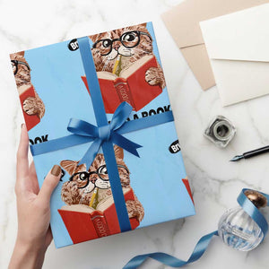 Funny Cat Reading Wrapping Paper Roll Book Lover TS14 Light Blue Print Your Wear