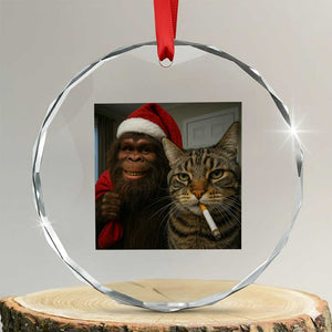 Funny Cat Selfie Bigfoot Christmas Sasquatch Crystal Glass Ornament TS14 Transparent Glass 3'' Circle Print Your Wear