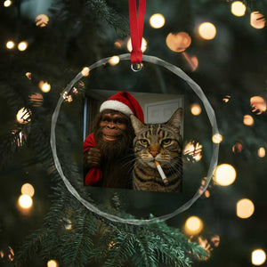 Funny Cat Selfie Bigfoot Christmas Sasquatch Crystal Glass Ornament TS14 Print Your Wear