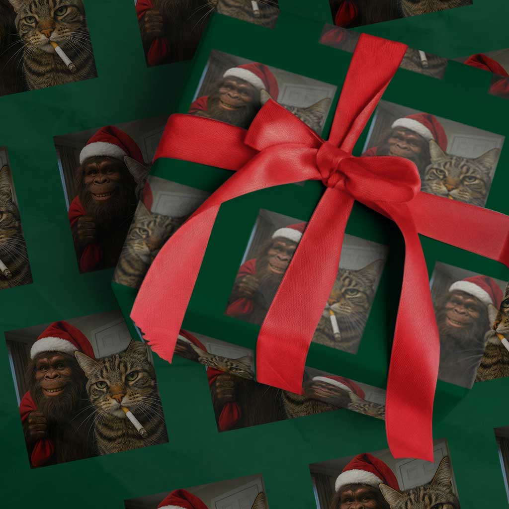 Funny Cat Selfie Bigfoot Xmas Sasquatch Wrapping Paper Roll TS14 Green Print Your Wear