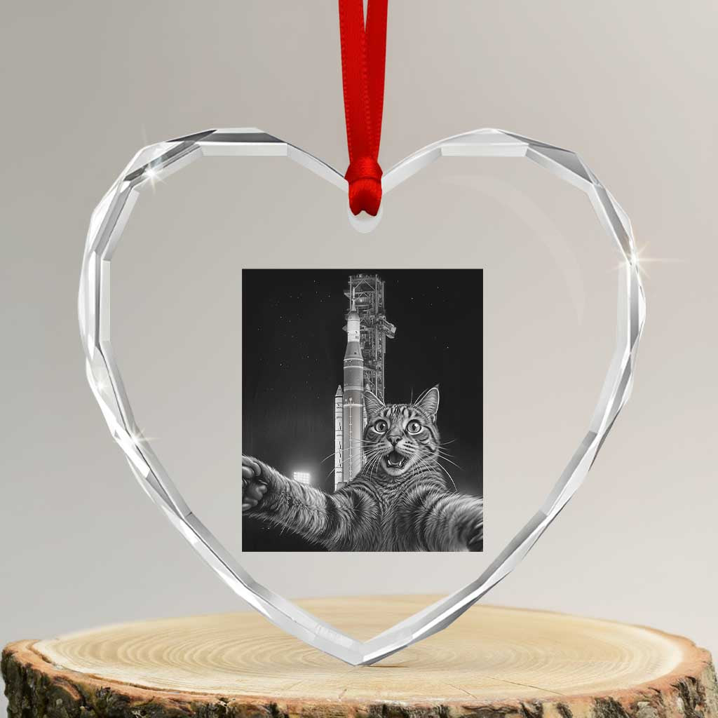 Funny Cat Selfie Lunar Mission 2026 Heart Crystal Glass Ornament TS14 Transparent Glass 3'' Heart Print Your Wear