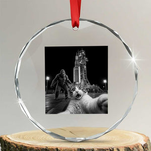 Funny Cat Selfie with Bigfoot Crystal Glass Ornament Back To The Moon Mission 2026 TS14 Transparent Glass 3'' Circle Print Your Wear