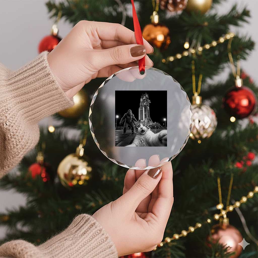 Funny Cat Selfie with Bigfoot Crystal Glass Ornament Back To The Moon Mission 2026 TS14 Print Your Wear