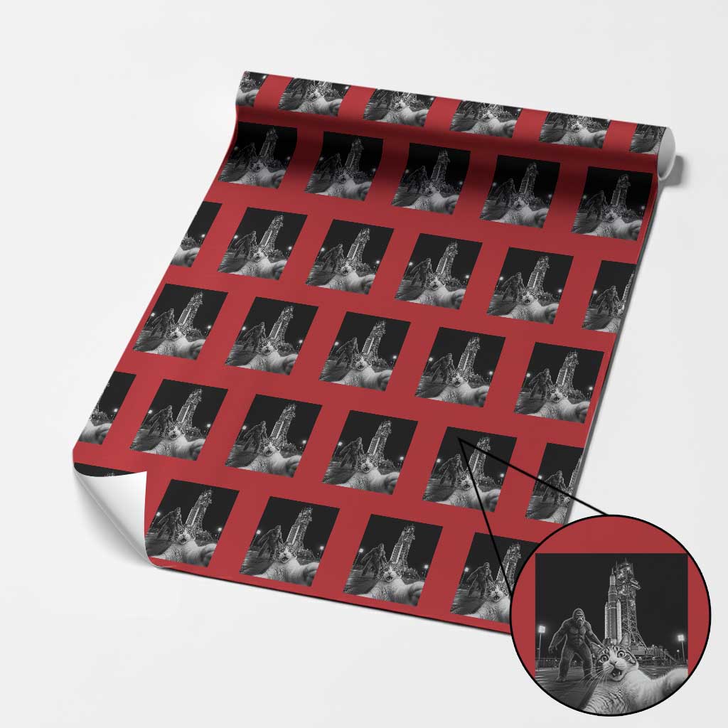 Funny Cat Selfie with Bigfoot Wrapping Paper Roll Back To The Moon Mission 2026 TS14 Red Print Your Wear