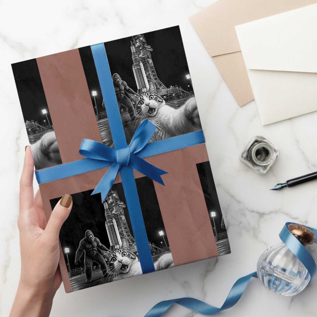 Funny Cat Selfie with Bigfoot Wrapping Paper Roll Back To The Moon Mission 2026 TS14 Mocha Print Your Wear