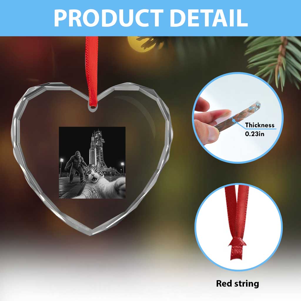 Funny Cat Selfie with Bigfoot Heart Crystal Glass Ornament Back To The Moon Mission 2026 TS14 Print Your Wear