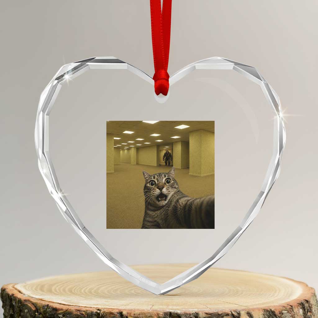 Funny Cat Selfie with Bigfoot Sasquatch Backrooms Liminal Space Meme Heart Crystal Glass Ornament TS10 Transparent Glass 3'' Heart Print Your Wear