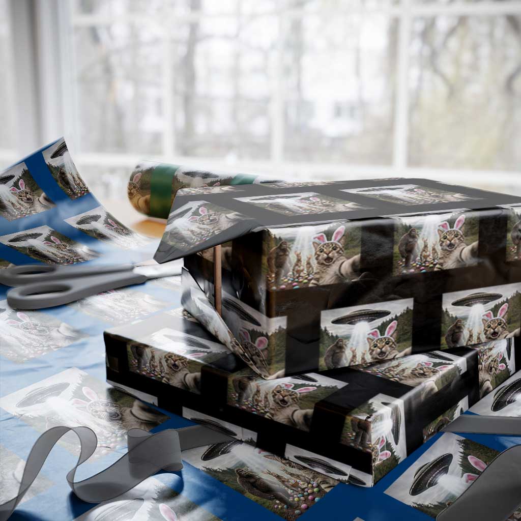 Funny Cat Selfie with Easter Bunny Bigfoot UFO Wrapping Paper Roll TS11 Black Print Your Wear