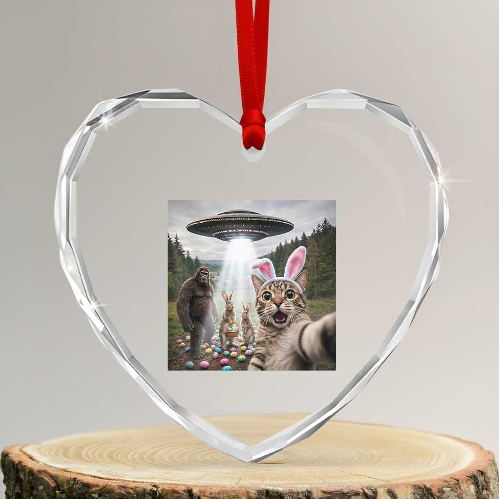 Funny Cat Selfie with Easter Bunny Bigfoot UFO Heart Crystal Glass Ornament TS11 Transparent Glass 3'' Heart Print Your Wear