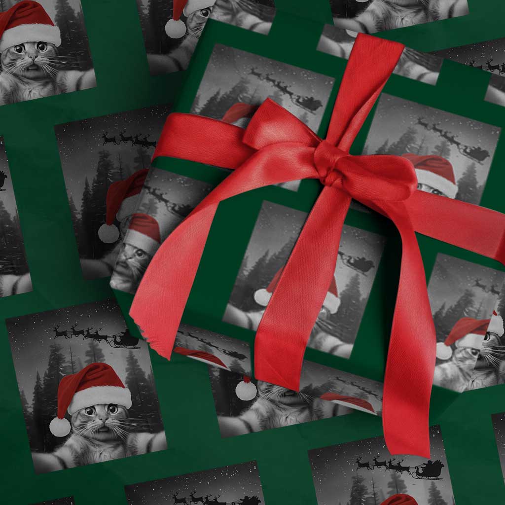 Funny Cat Selfie With Santas Sleigh Christmas Wrapping Paper Roll TS11 Green Print Your Wear