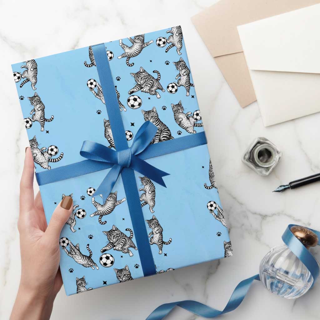 Funny Cat Soccer Player Wrapping Paper Roll Gift For Soccer Lovers TS12 Light Blue Print Your Wear