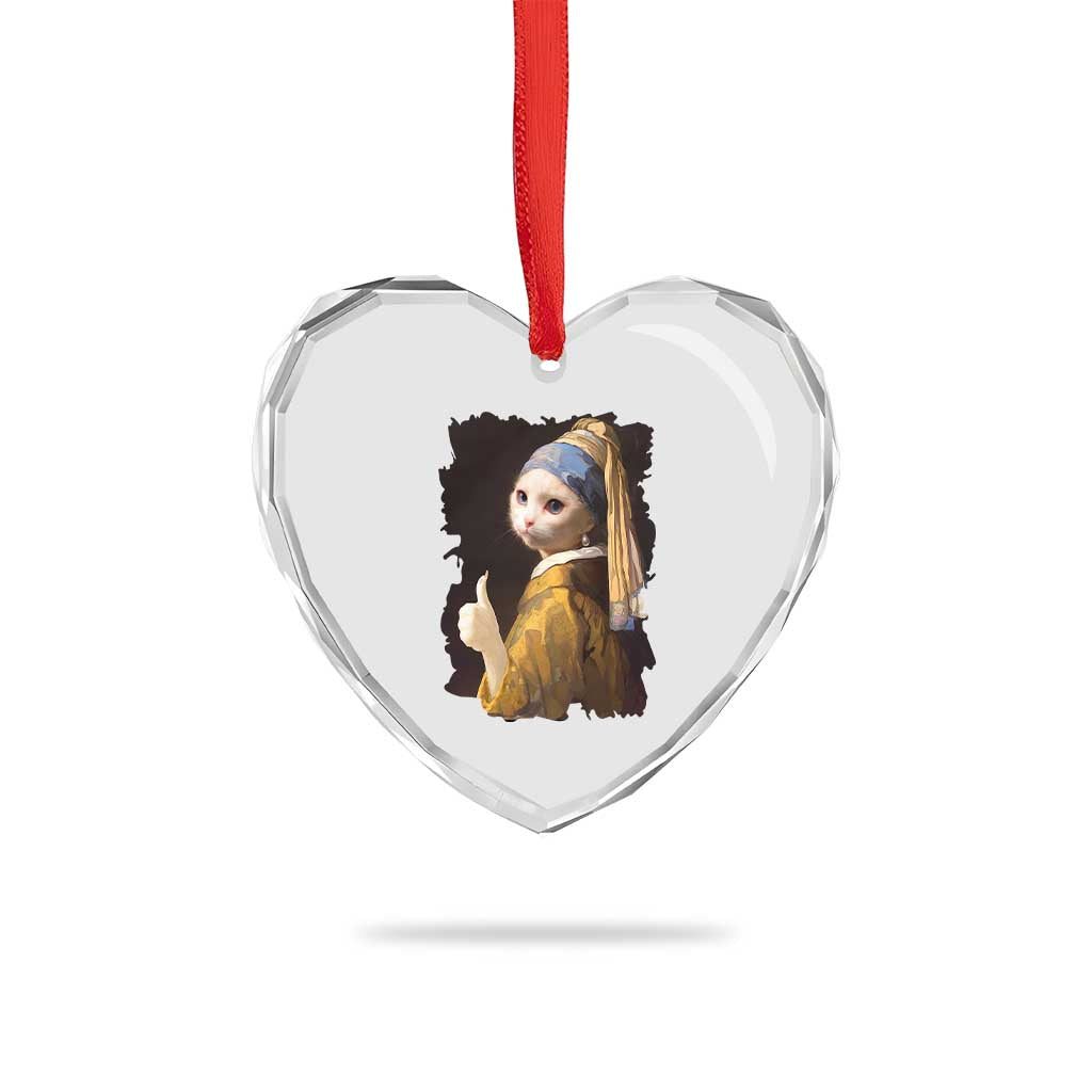 Funny Cat With A Pearl Earring Parody Art Heart Crystal Glass Ornament TS12 Print Your Wear