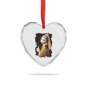 Funny Cat With A Pearl Earring Parody Art Heart Crystal Glass Ornament TS12 Print Your Wear
