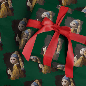 Funny Cat With A Pearl Earring Parody Art Wrapping Paper Roll TS12 Green Print Your Wear