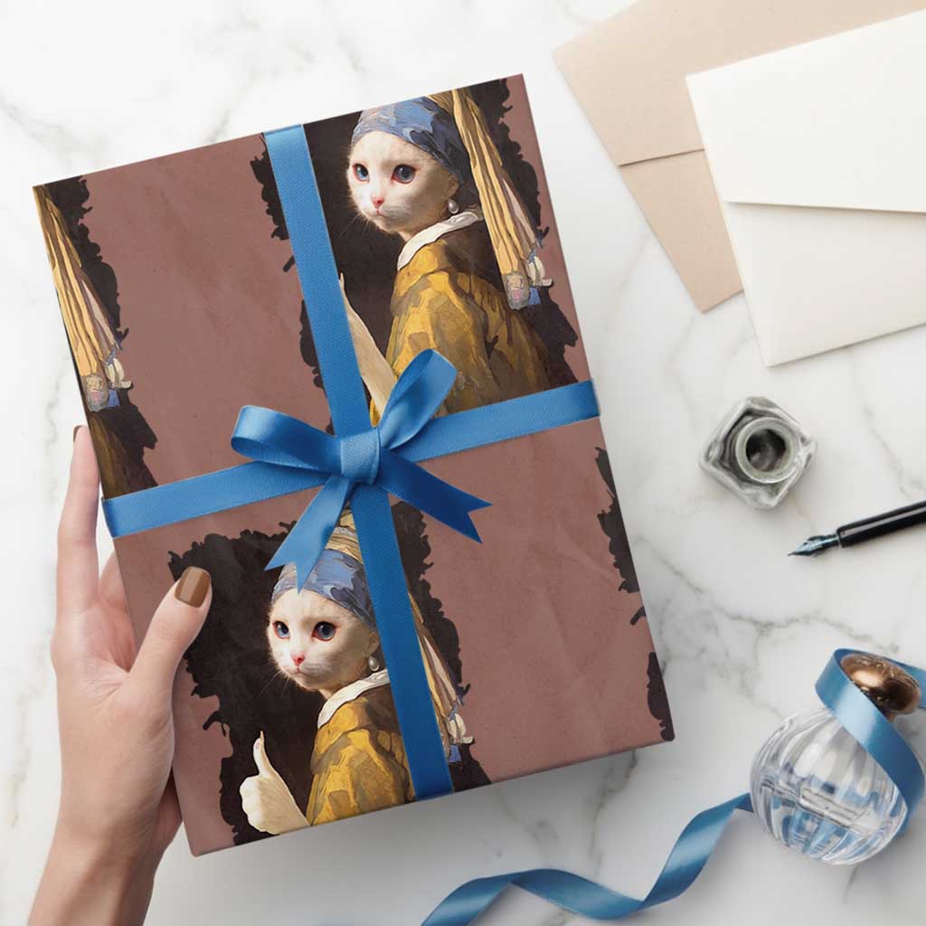 Funny Cat With A Pearl Earring Parody Art Wrapping Paper Roll TS12 Mocha Print Your Wear