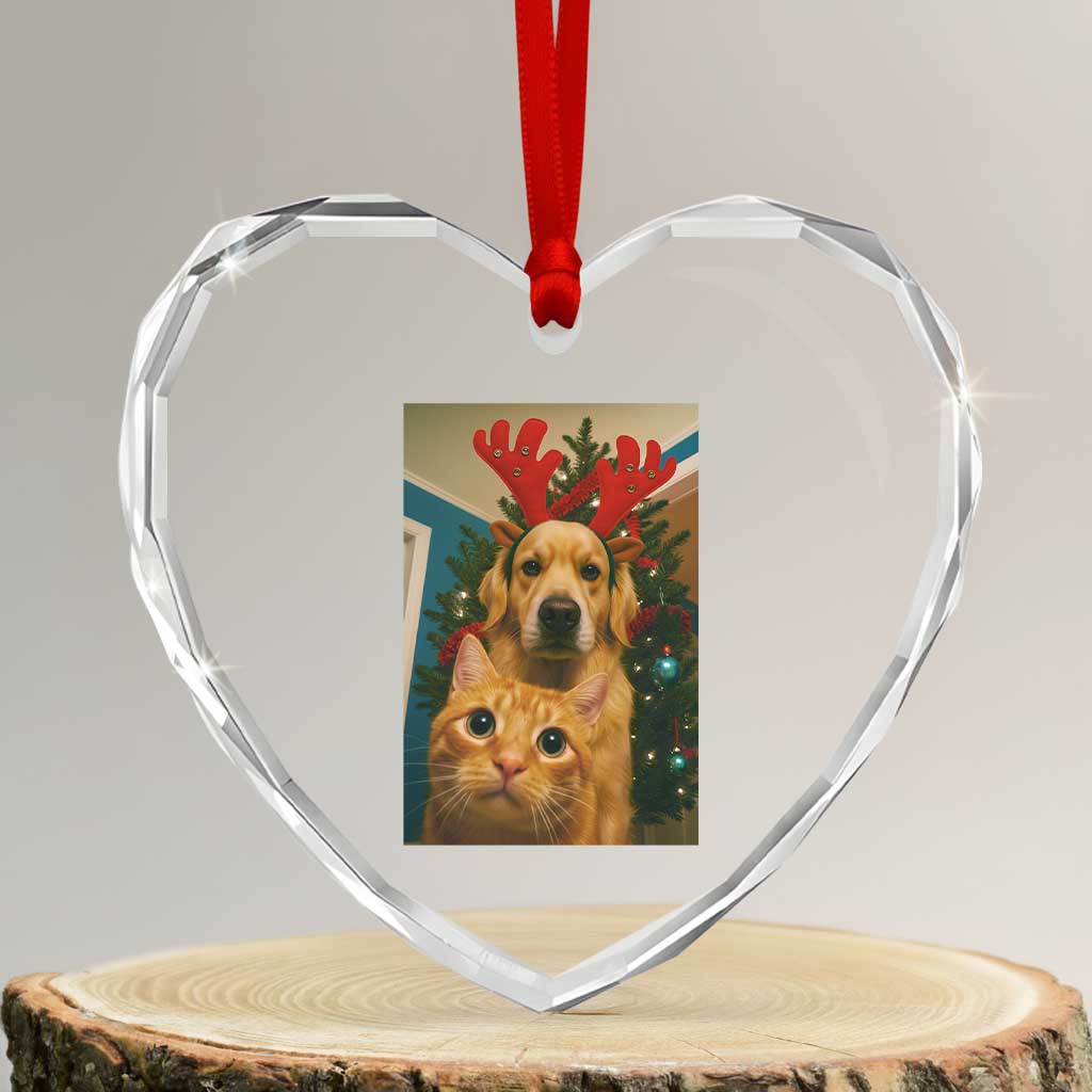 Funny Cat With Dog Selfie Christmas Heart Crystal Glass Ornament Pet Lover Xmas Gift TS14 Transparent Glass 3'' Heart Print Your Wear