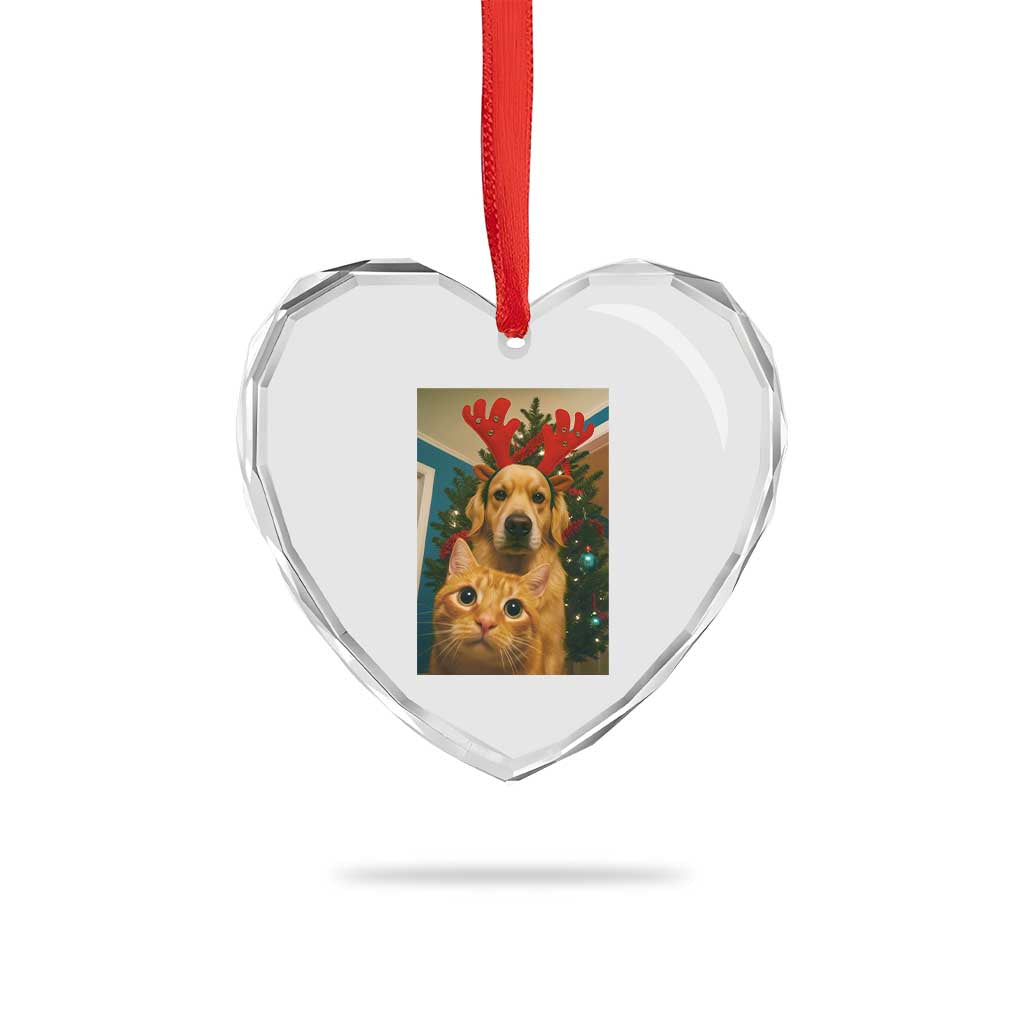 Funny Cat With Dog Selfie Christmas Heart Crystal Glass Ornament Pet Lover Xmas Gift TS14 Print Your Wear