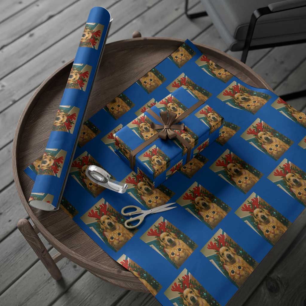 Funny Cat With Dog Selfie Christmas Wrapping Paper Roll Pet Lover Xmas Gift TS14 Blue Print Your Wear