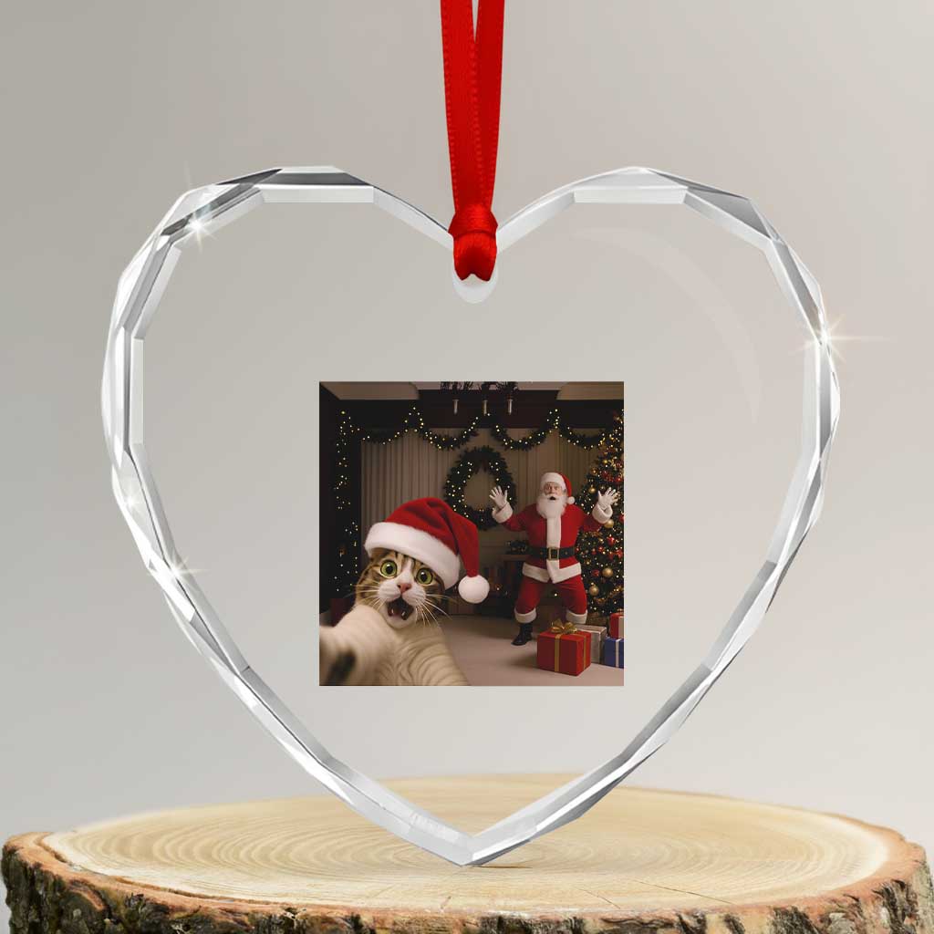 Funny Cat With Santa Selfie Christmas Heart Crystal Glass Ornament TS14 Transparent Glass 3'' Heart Print Your Wear