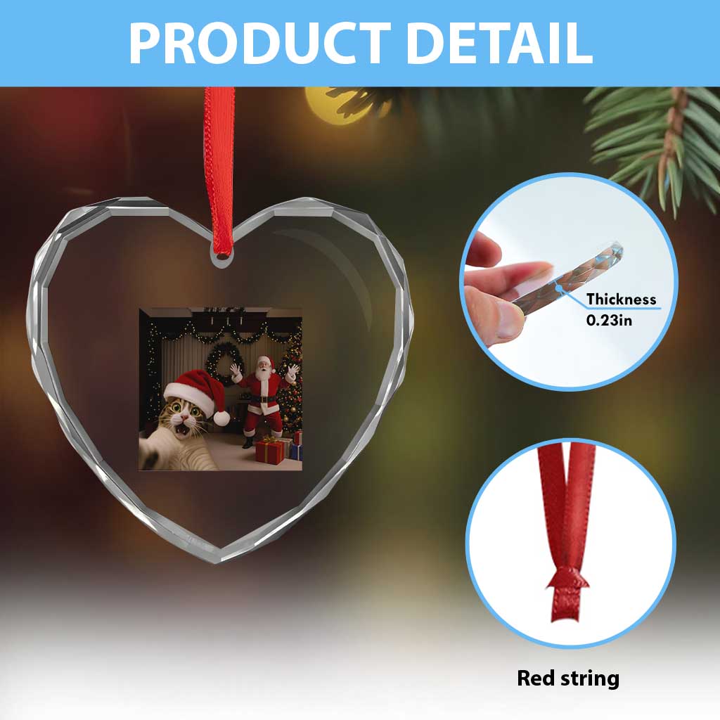Funny Cat With Santa Selfie Christmas Heart Crystal Glass Ornament TS14 Print Your Wear