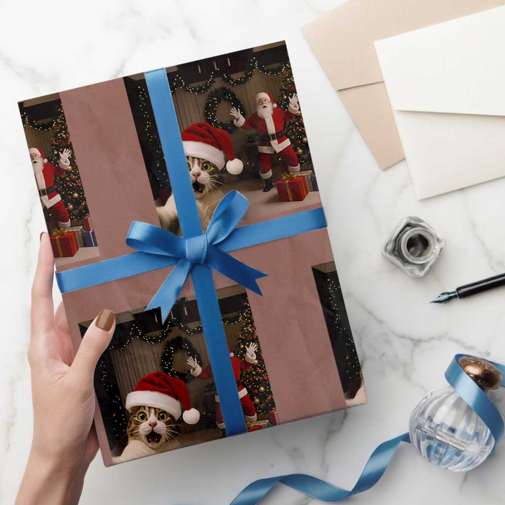 Funny Cat With Santa Selfie Christmas Wrapping Paper Roll TS14 Mocha Print Your Wear