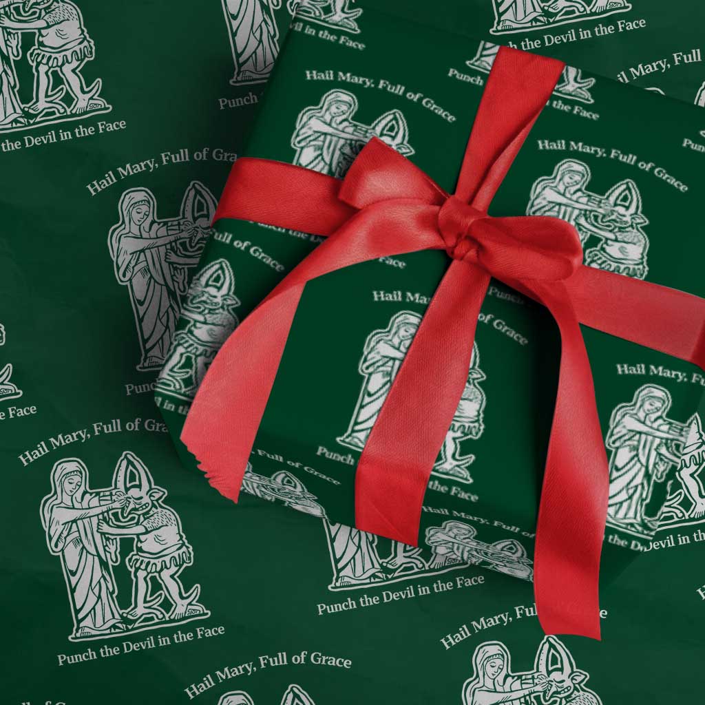 Funny Catholic Faith Humor Wrapping Paper Roll Hail Mary Full of Grace Punch the Devil in the Face TS02 Green Print Your Wear