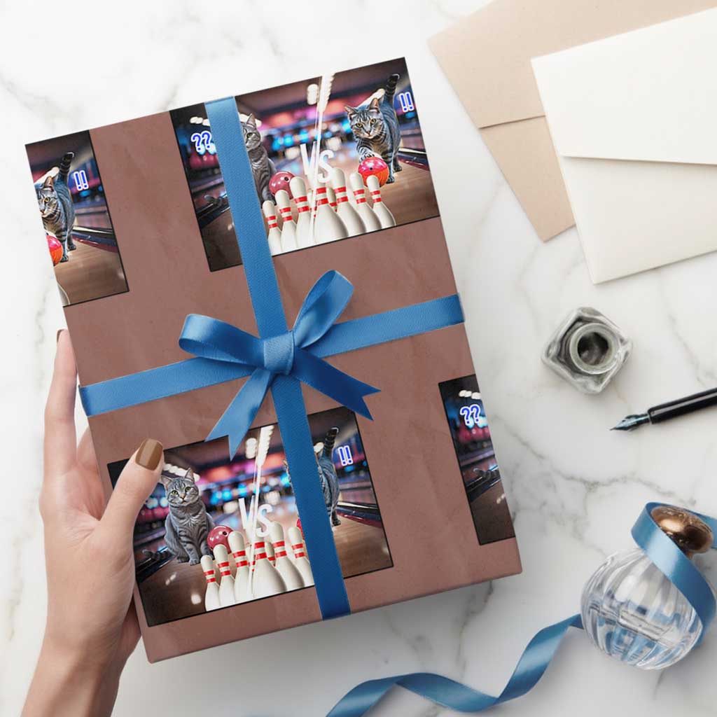 Funny Cats Bowling Battle Wrapping Paper Roll Gift For Cat Lovers TS12 Mocha Print Your Wear