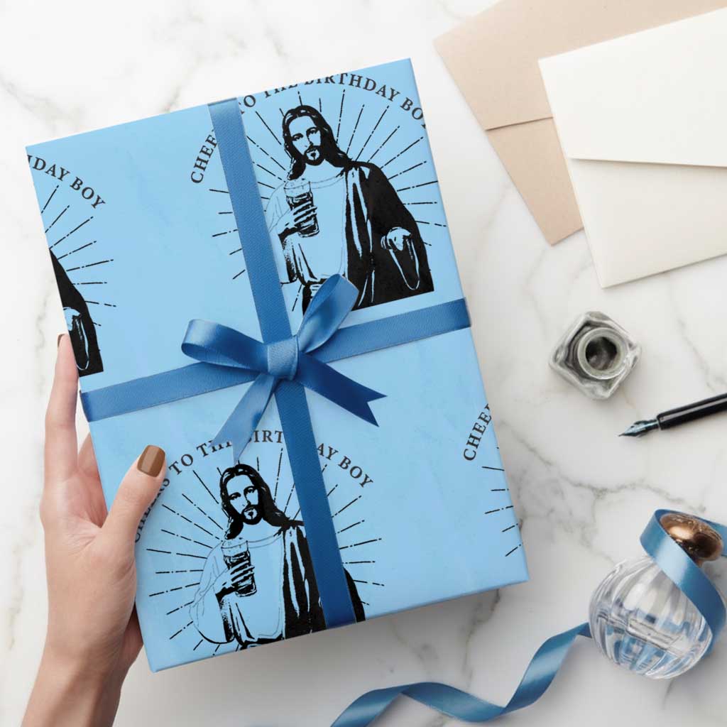 Funny Cheers To The Birthday Boy Wrapping Paper Roll Christmas Christian Faith TS11 Light Blue Print Your Wear